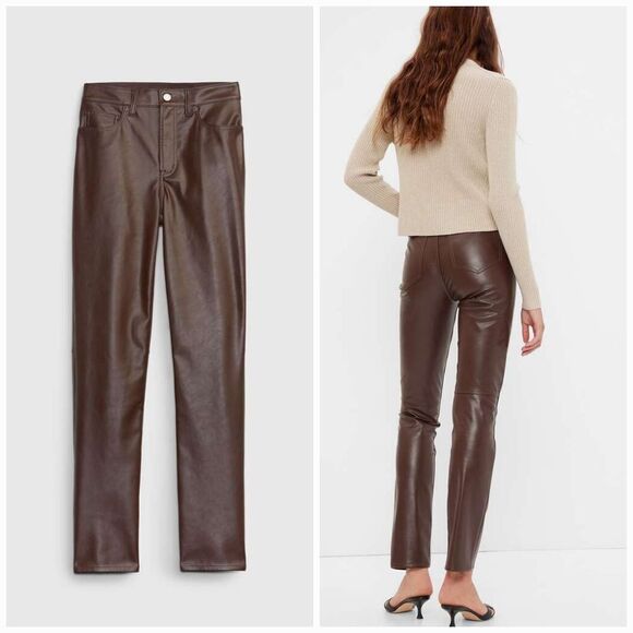NWT Gap High Rise Vegan Leather Vintage Straight Pant Trouser Espresso Brown 16 - Picture 2 of 14